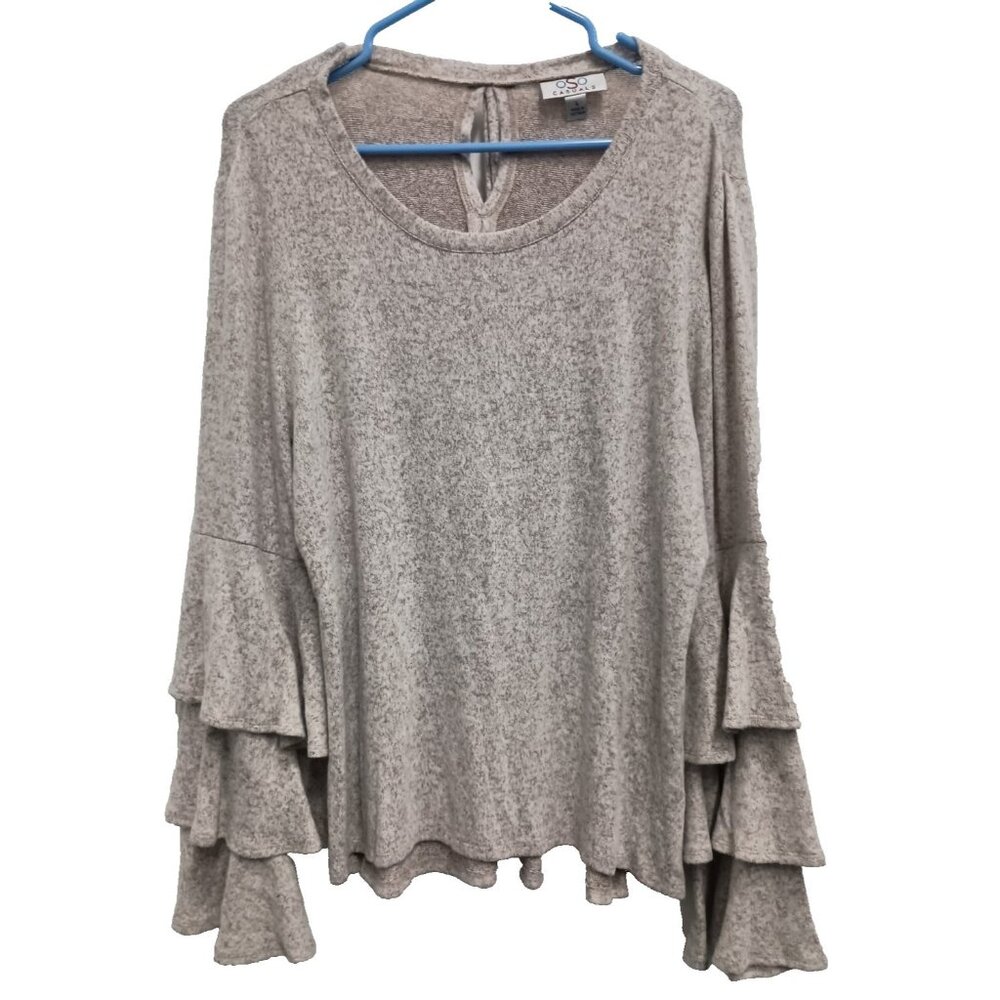 OSO Casuals Womens BOHO Top Large Beige Soft Tiered Bell Sleeve Neutral